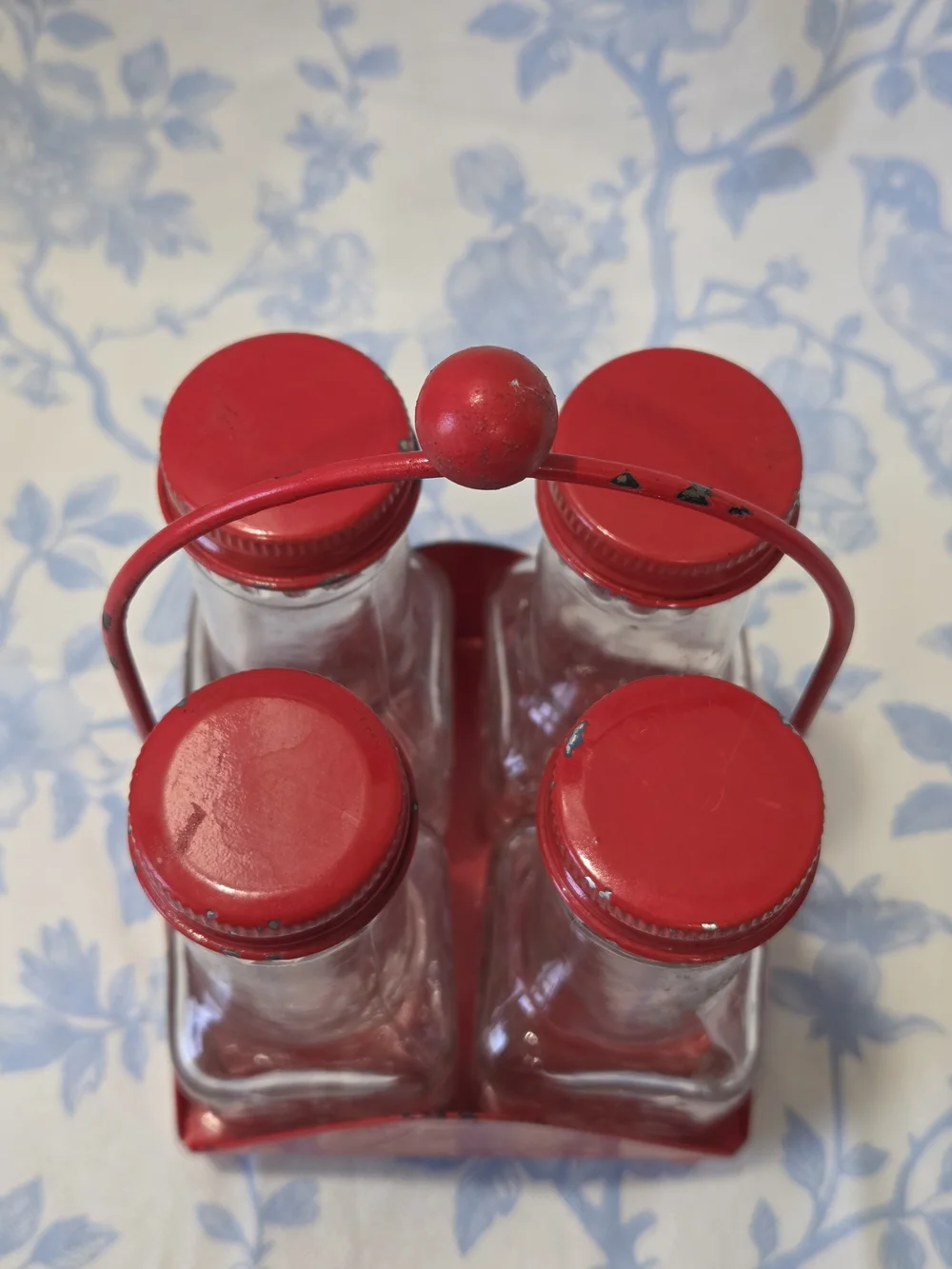 Red Vintage-Style Metal Glass Bottle Set with Carrier